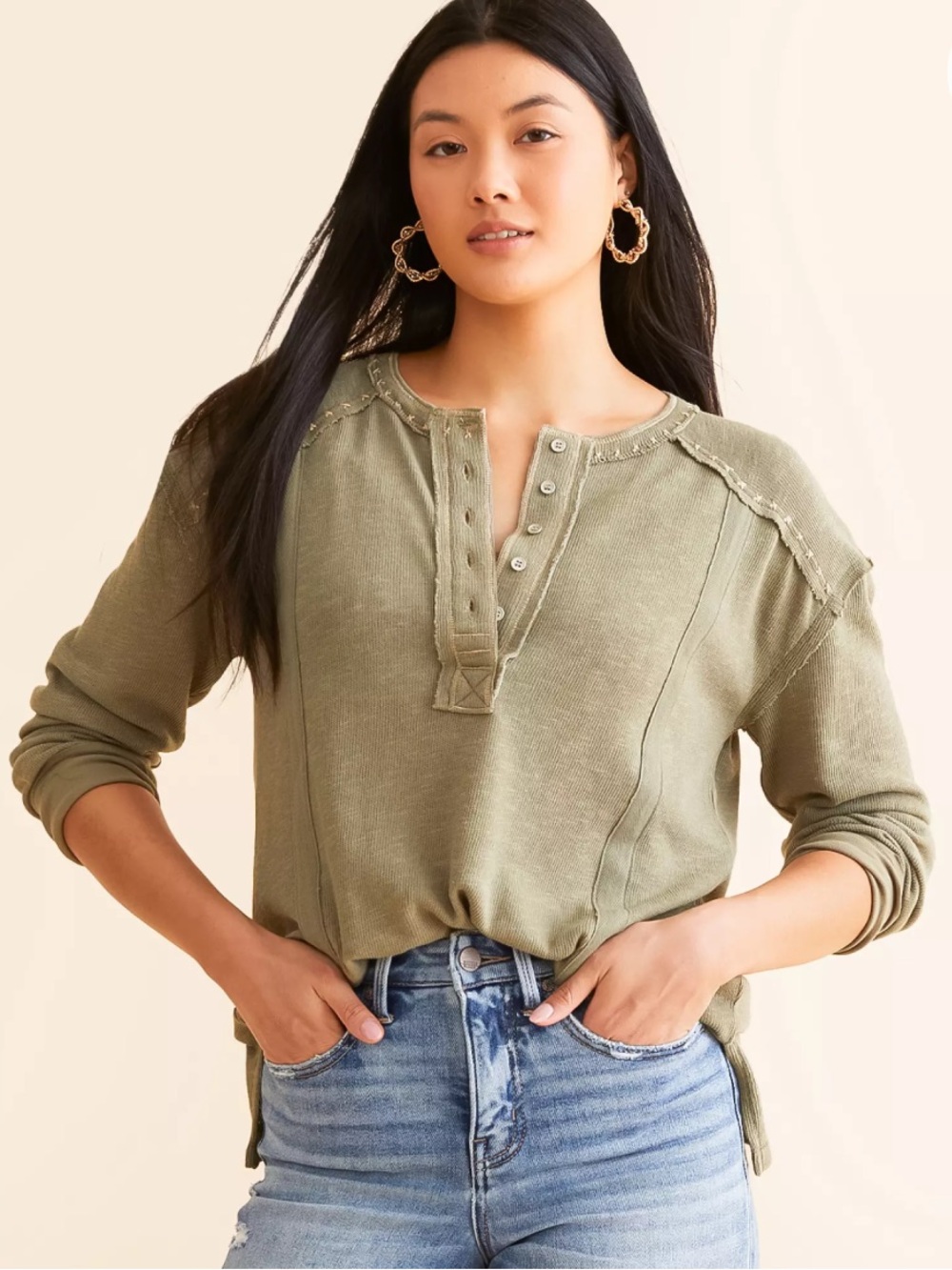 NWOT We The Free Olive Green Long-Sleeve Henley Top